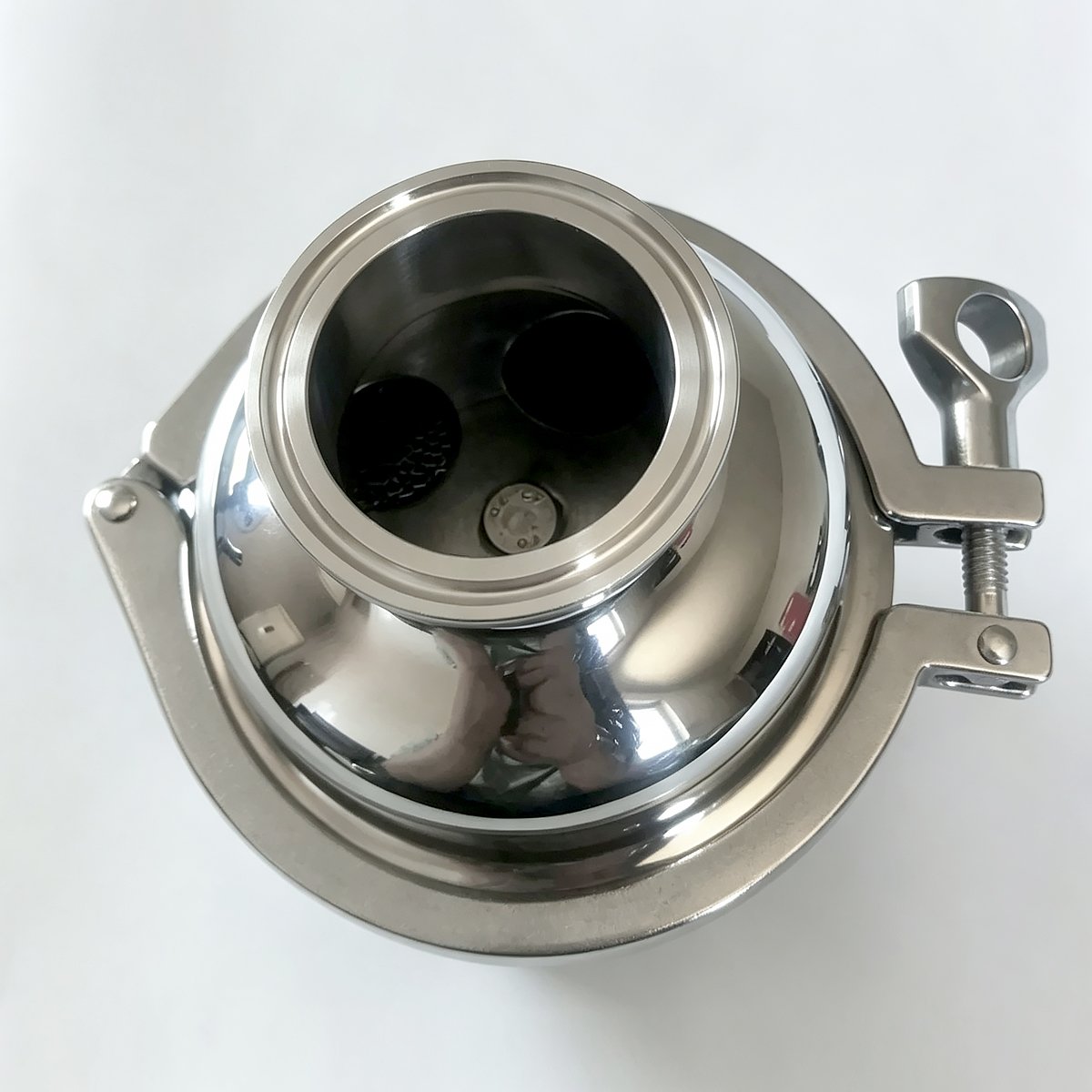 Top view of sanitary stainless steel flame arrester showing internal flame arrester element