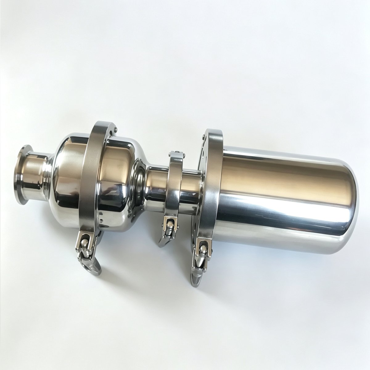 304 stainless steel sanitary flame arrester with breather valve, Tri-Clamp connection, side view