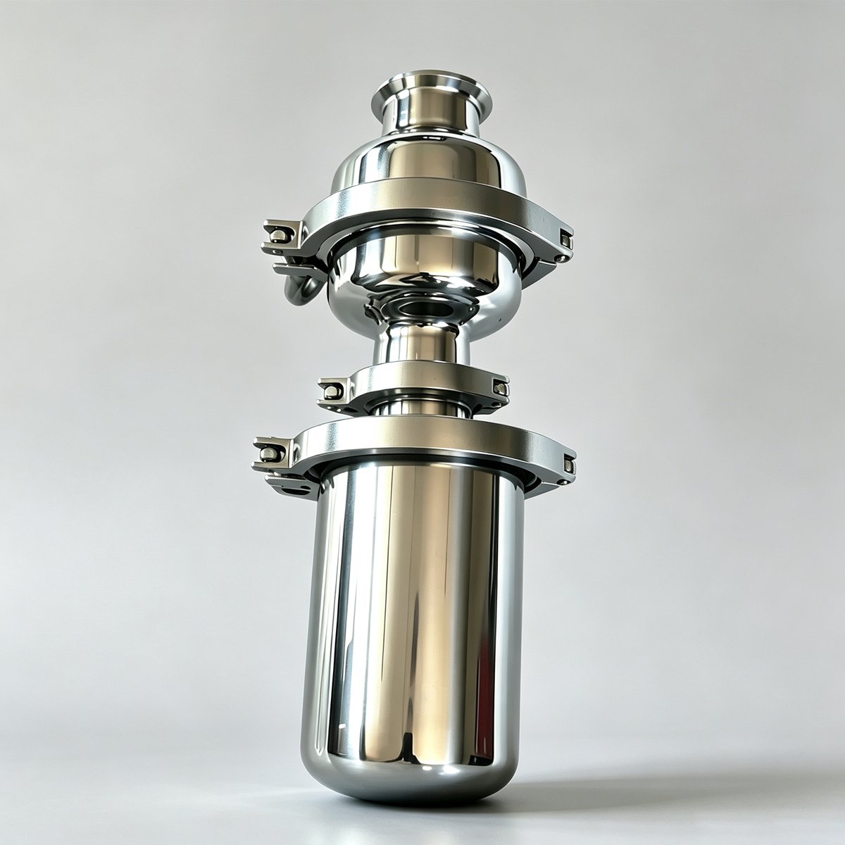Vertical view of 304 stainless steel sanitary flame arrester with Tri-Clamp breather valve