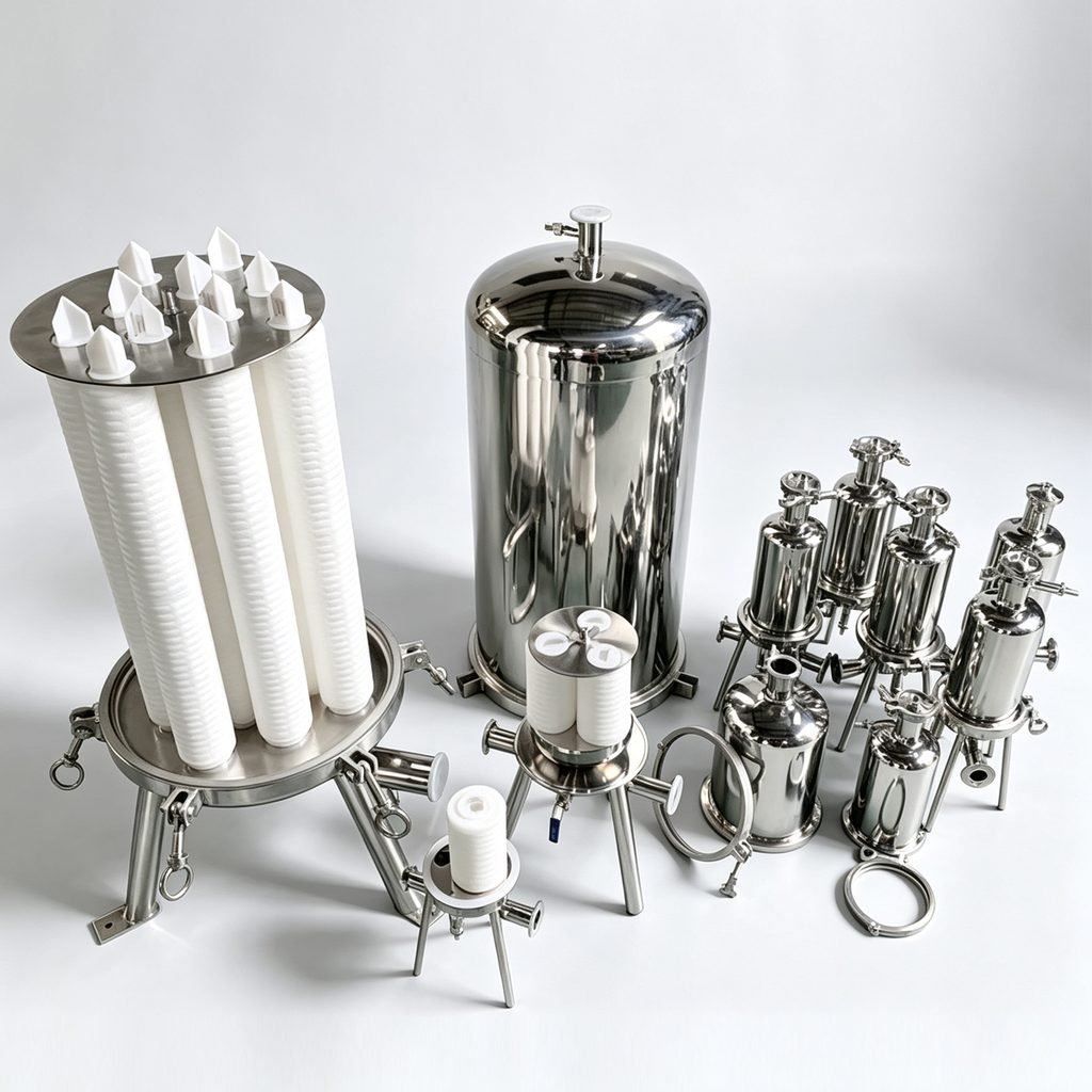 Collection of sanitary stainless steel multi-cartridge and single-cartridge filter housings with white pleated filter elements