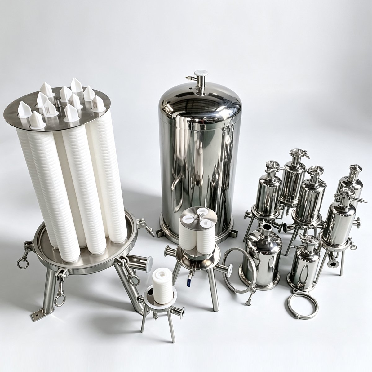 Collection of sanitary stainless steel multi-cartridge and single-cartridge filter housings with white pleated filter elements