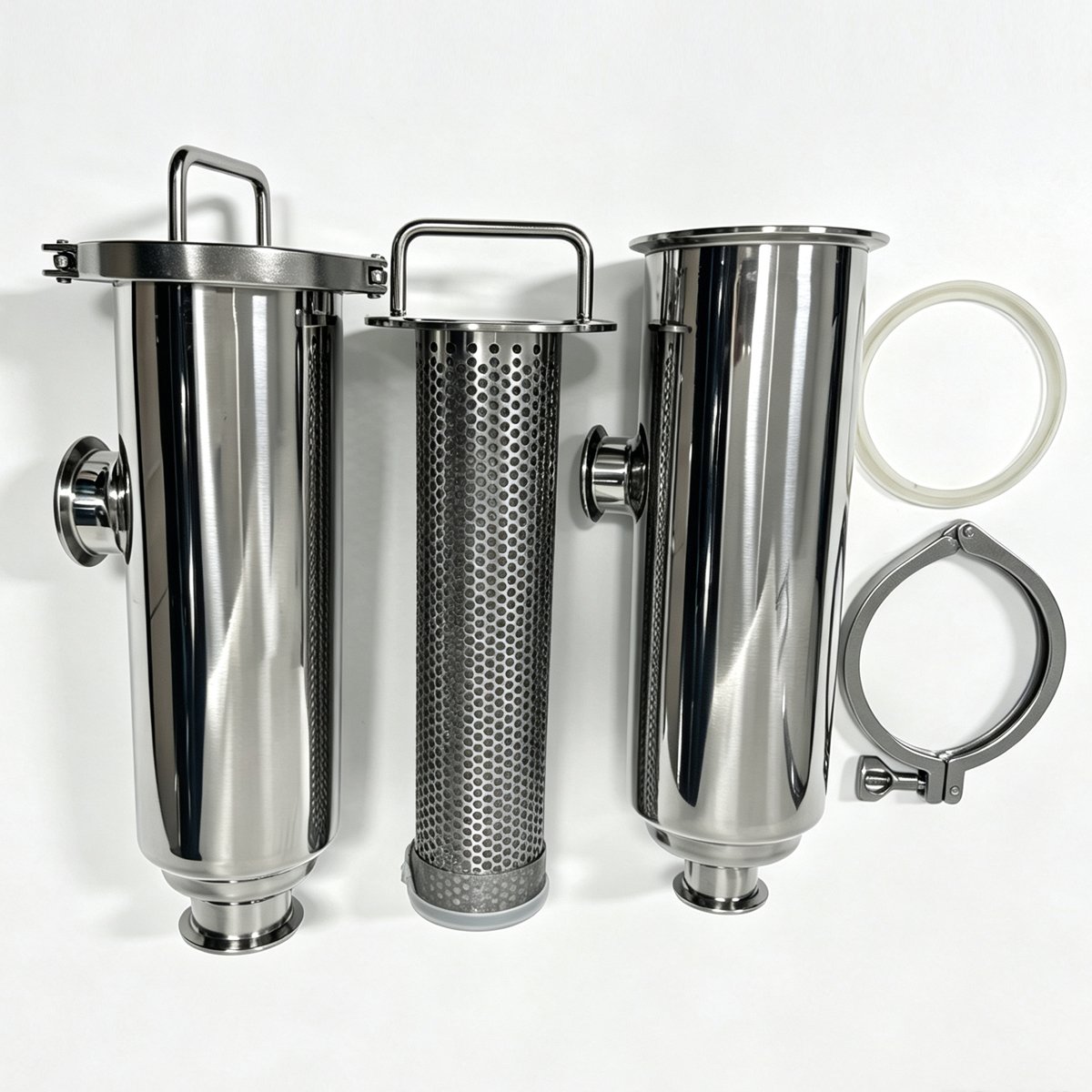 304 SS sanitary inline filter housing and removable perforated screen with Tri-Clamp
