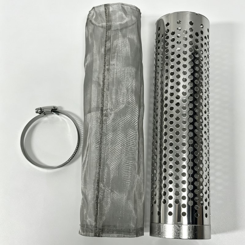 Perforated stainless steel filter support core, mesh filter sleeve, and stainless steel hose clamp