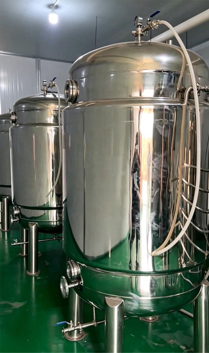 Polished stainless steel vertical process tanks with legs, pressure gauges and sanitary fittings