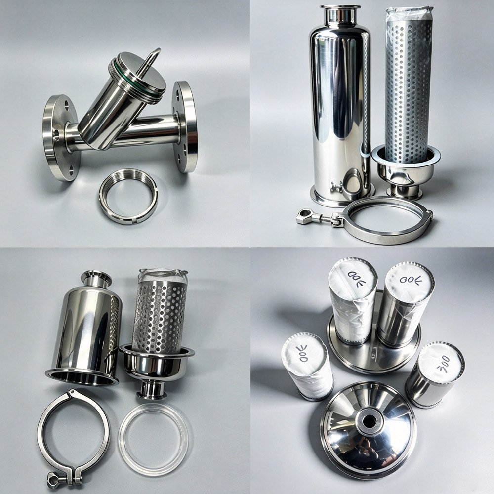 Stainless steel sanitary clamp strainers, Y-type strainer, perforated strainer basket, strainer cartridges and clamp seals product display
