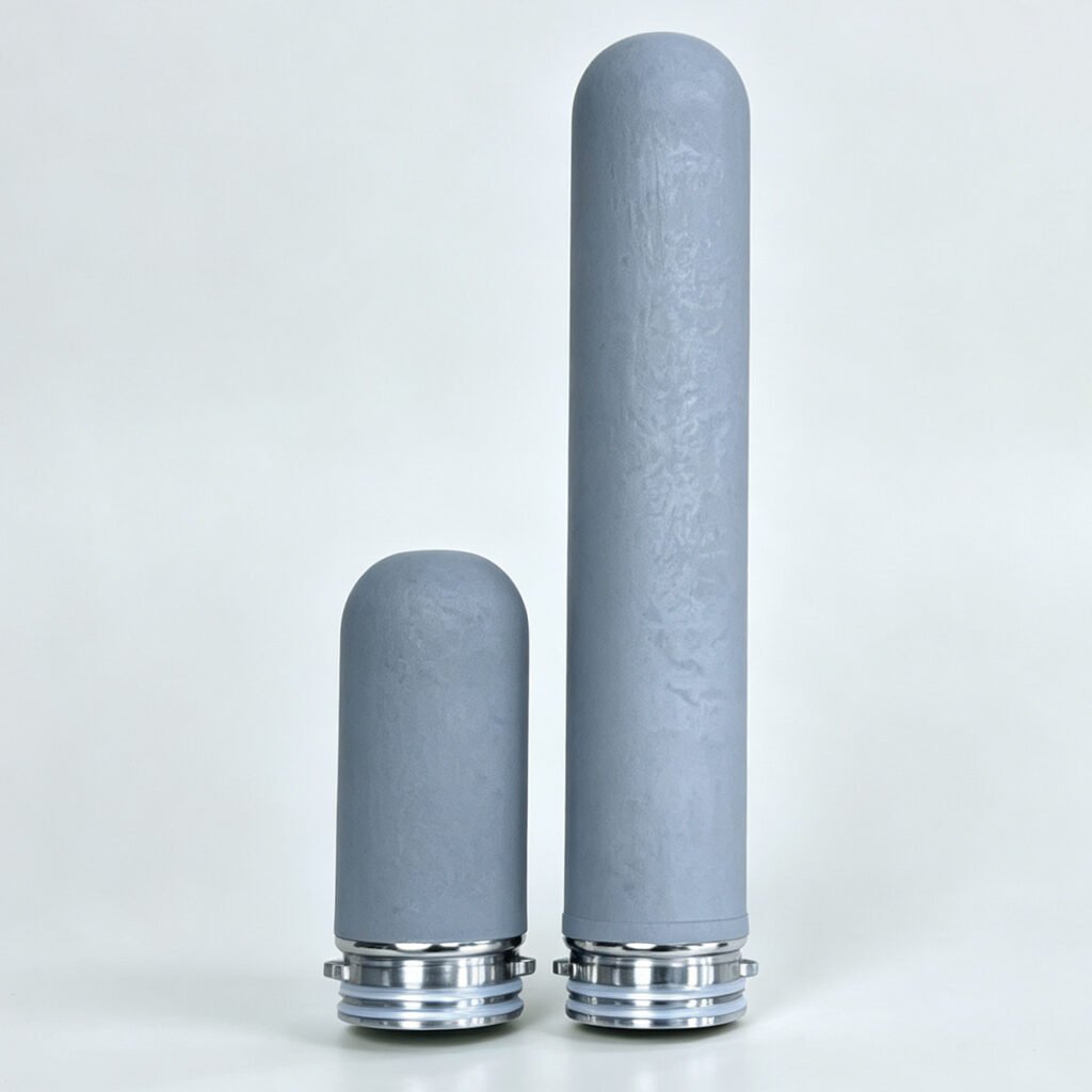 Short and long gray titanium sintered filter rods with stainless steel end connections