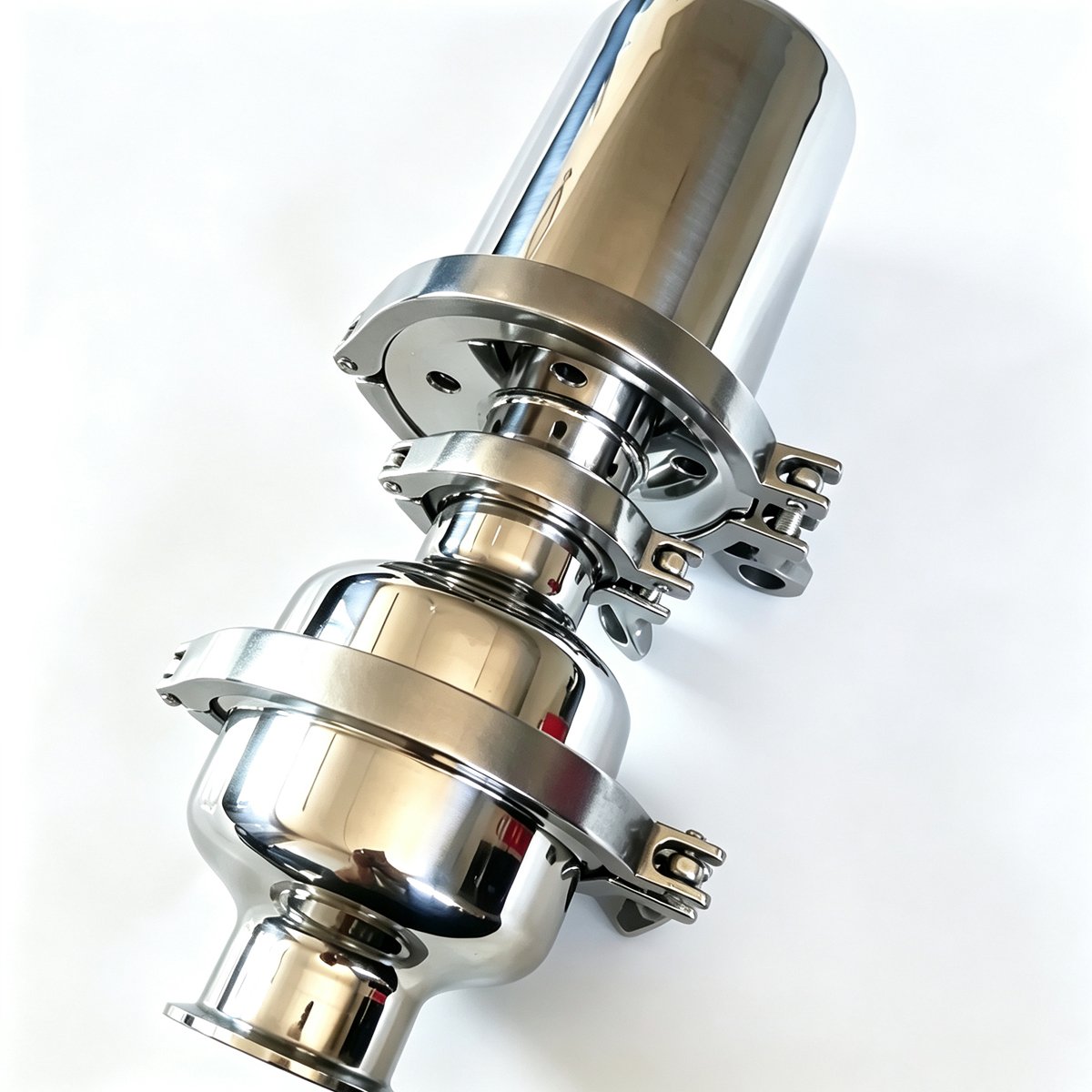 Close-up of Tri-Clamp sanitary flame arrester with breather valve, 304 stainless steel