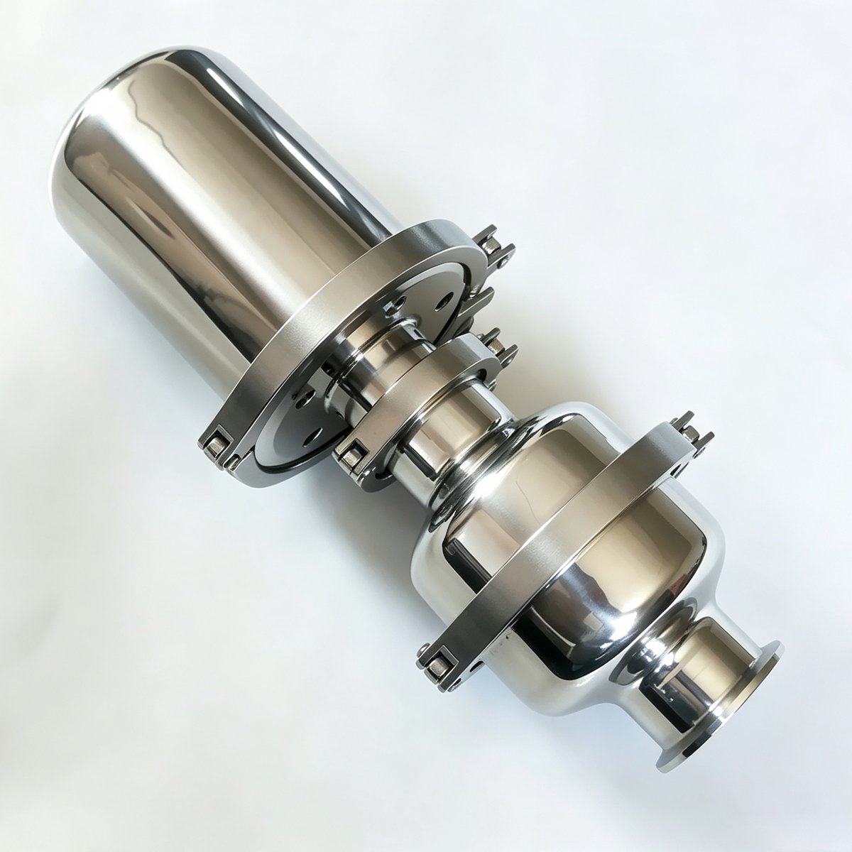Hygienic Tri-Clamp flame arrester and breather valve, angled view, 304 stainless steel