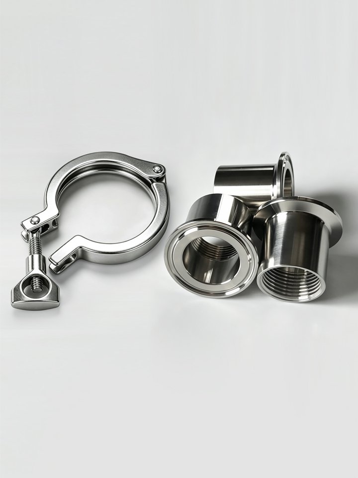 Sanitary tri-clamp next to clamp-to-female threaded adapters showing the difference between clamp and threaded connections