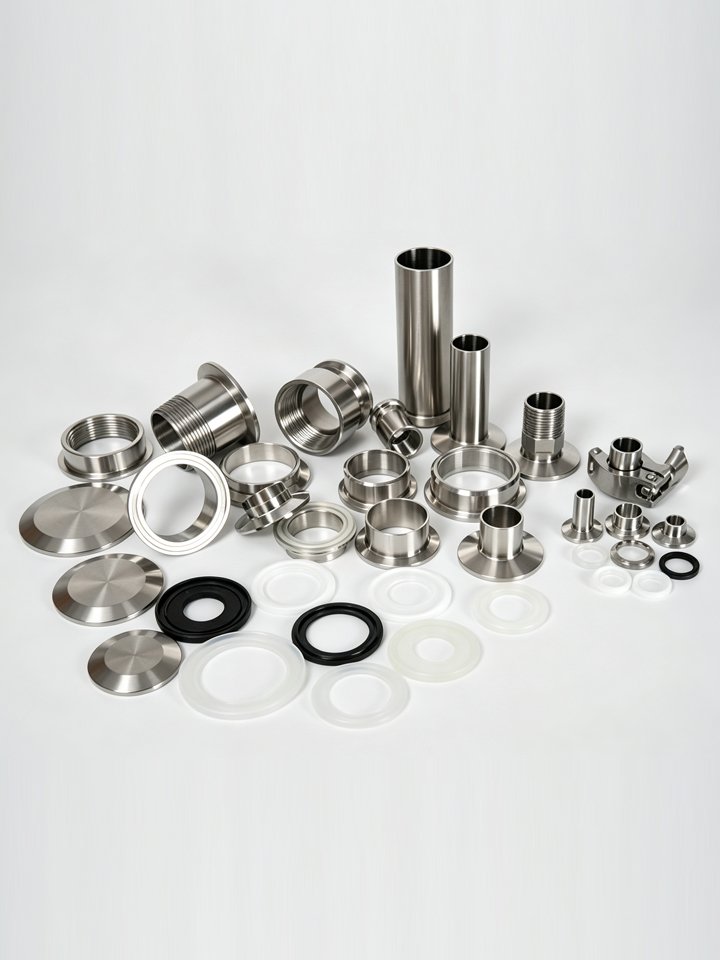 Assortment of 304 stainless steel sanitary ferrules, tri-clamps, adapters and gaskets for Tri-Clamp connections