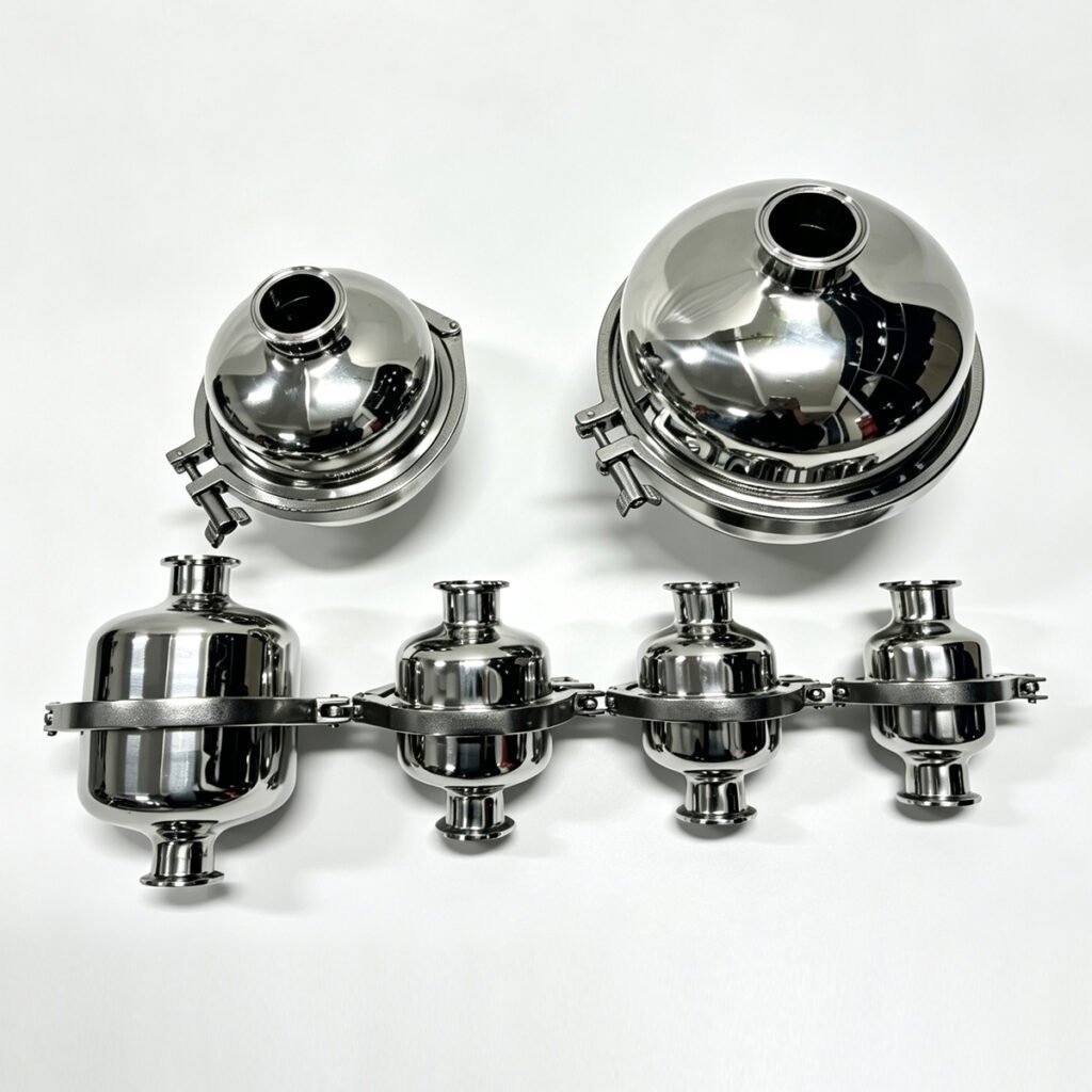 Haoqintech Multiple sizes of sanitary stainless steel inline tri-clamp pipeline strainers and filters assembled on a white background.