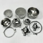 Haoqintech Disassembled and assembled sanitary stainless steel inline strainers showing mesh filter screen plates, heavy-duty clamps, and housing bowls.