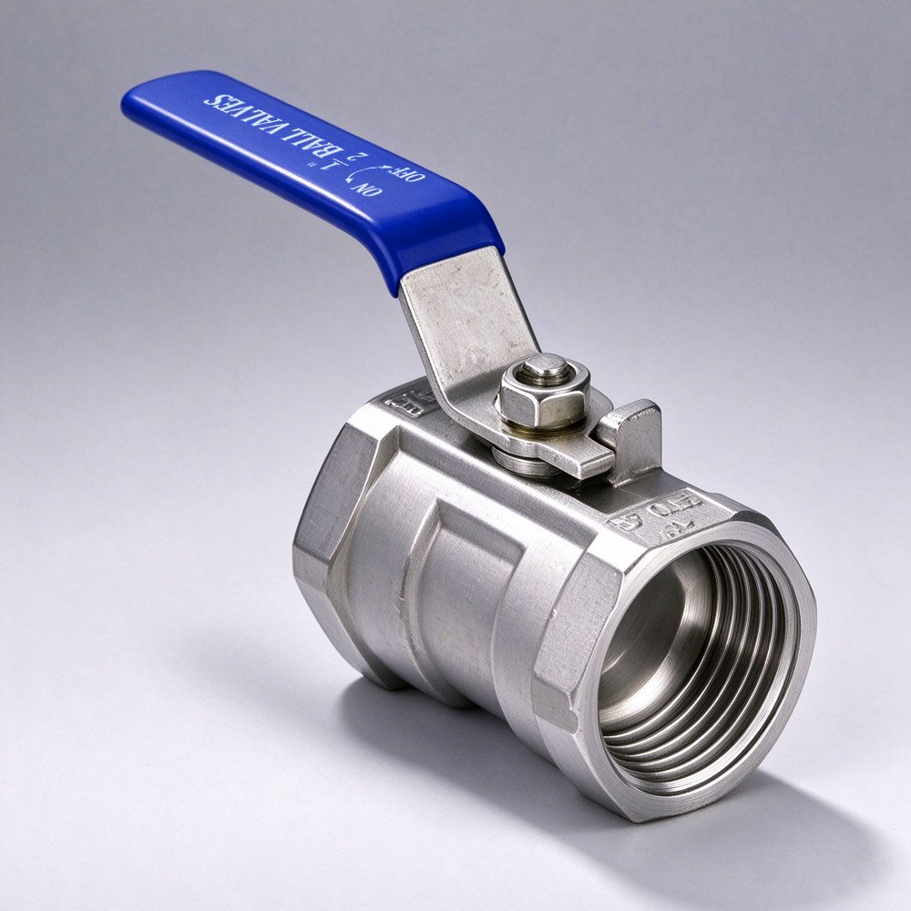 Stainless steel one-piece ball valve with blue handle, female threaded ends, 304/316 material