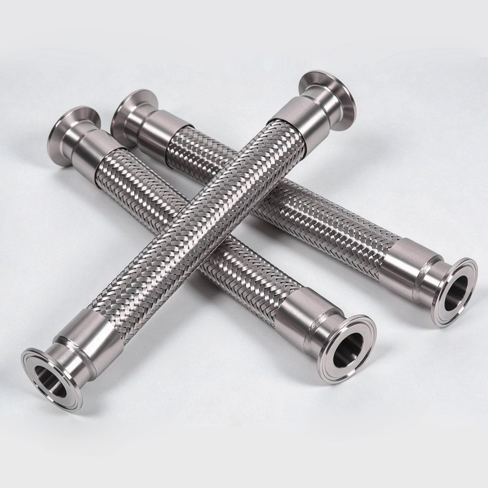 Multiple 304 stainless steel braided sanitary flexible hoses with Tri-Clamp ends arranged together
