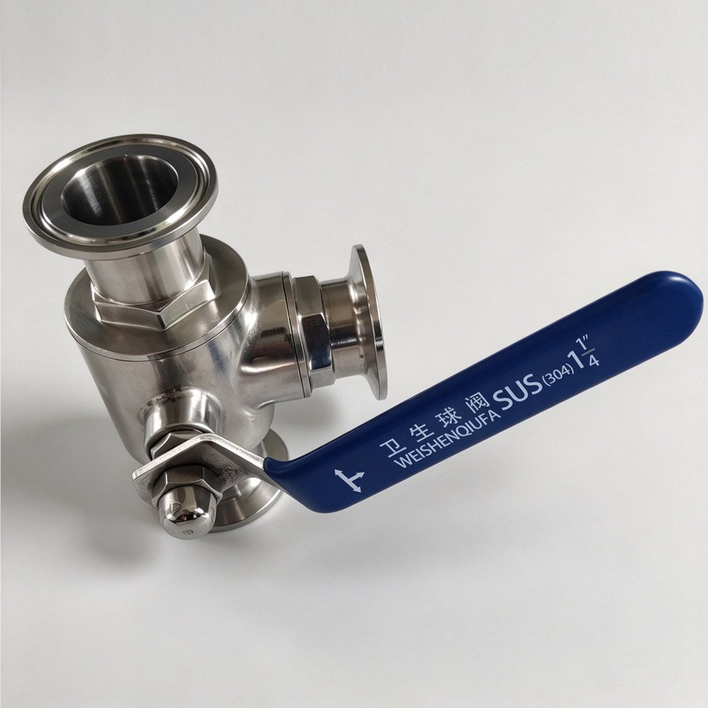 Side view of a 304 stainless steel sanitary 3-way ball valve with blue manual lever handle