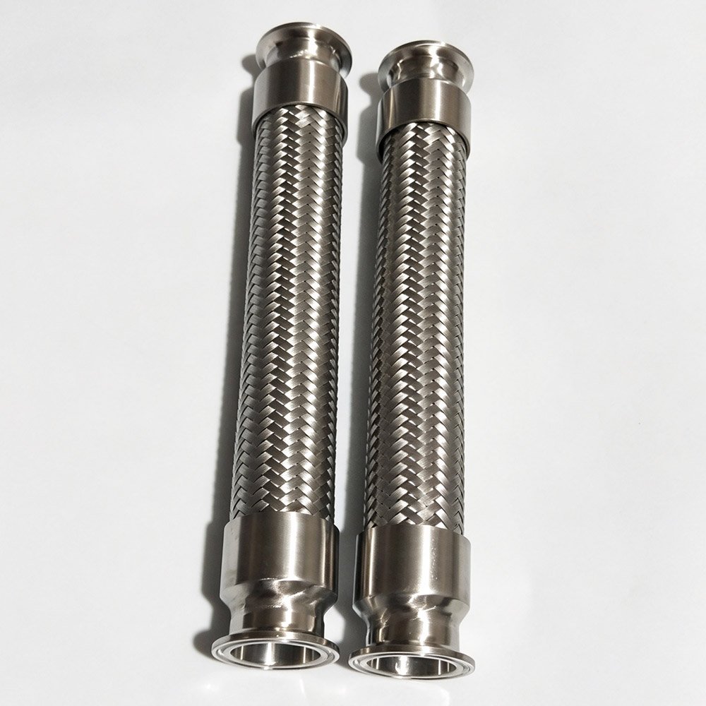 Two 304 stainless steel braided flexible hoses with sanitary tri-clamp fittings on both ends