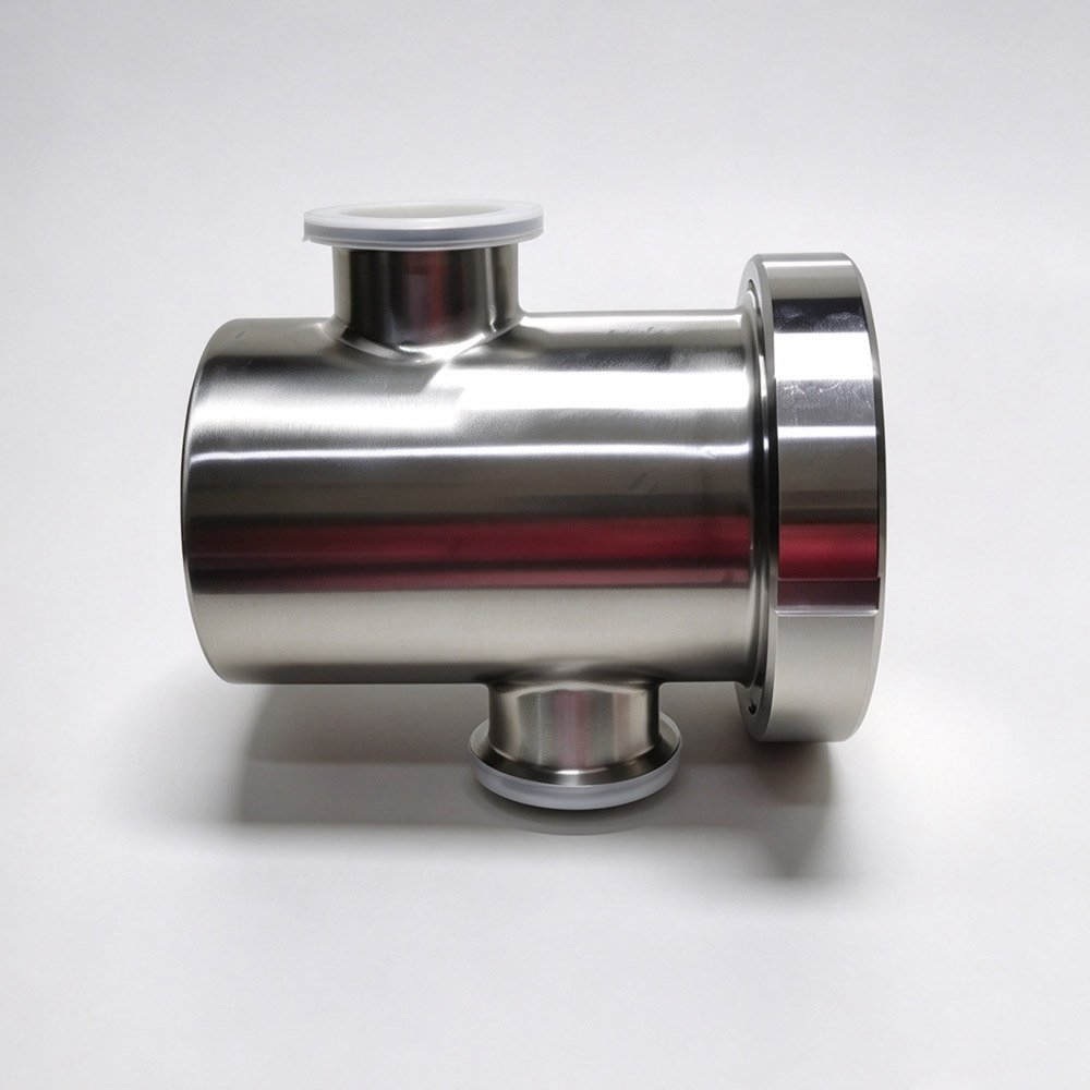Side view of 304 stainless steel sanitary air break air gap fitting with tri-clamp ends and top vent port
