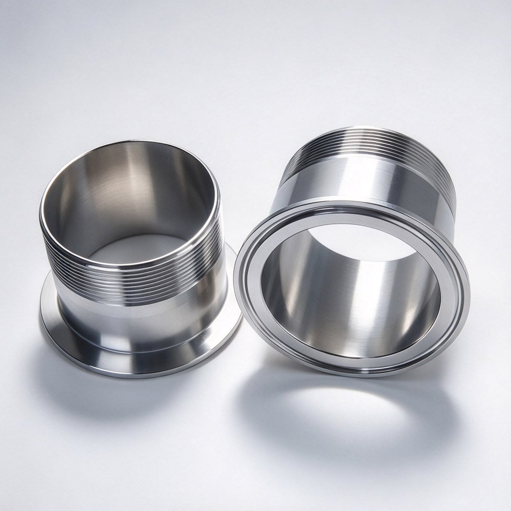 304 stainless steel sanitary Tri-Clamp to male thread adapter, two views showing external thread and clamp ferrule