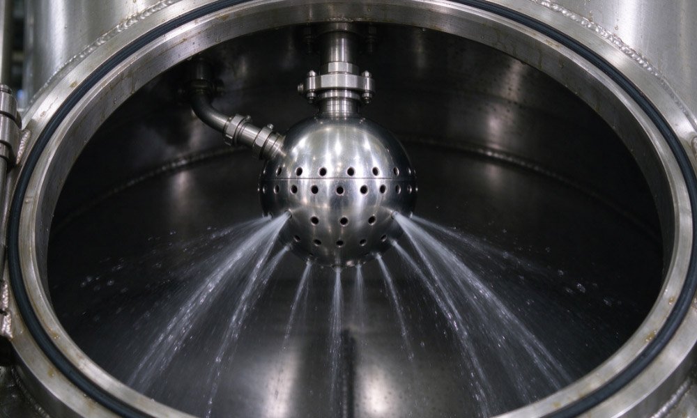 Stainless steel rotary spray ball spraying water inside a sanitary process tank for CIP cleaning