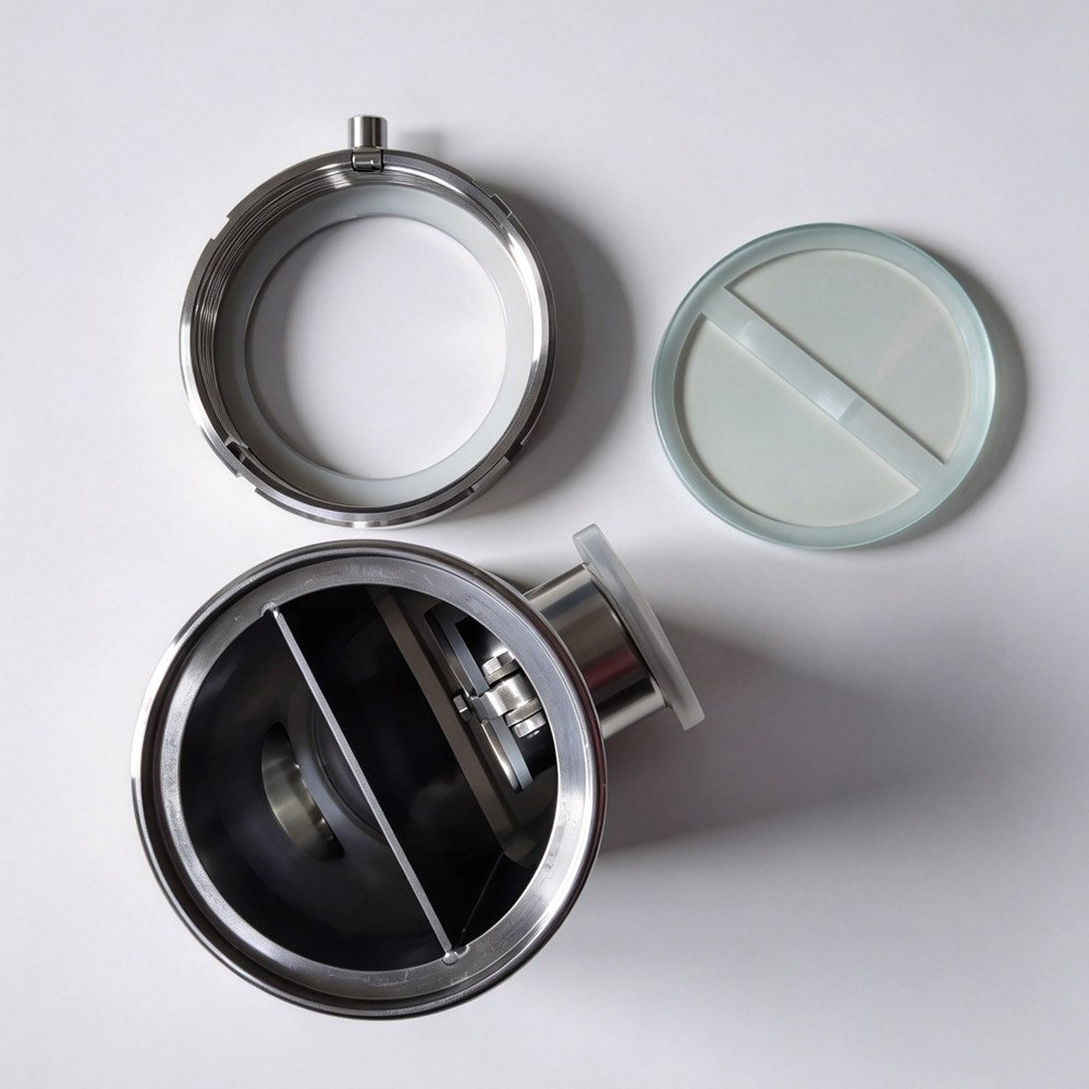 304 stainless steel sanitary air break air interrupter with tempered glass sight glass and tri-clamp connection, top view showing internal structure