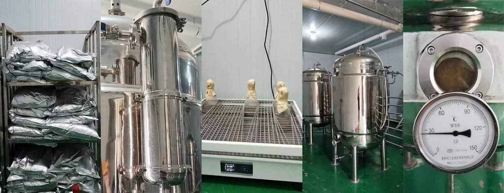 Collage of button mushroom liquid spawn production equipment: substrate bags, stainless steel fermenter, shaker incubator, large fermentation tanks, and temperature gauge