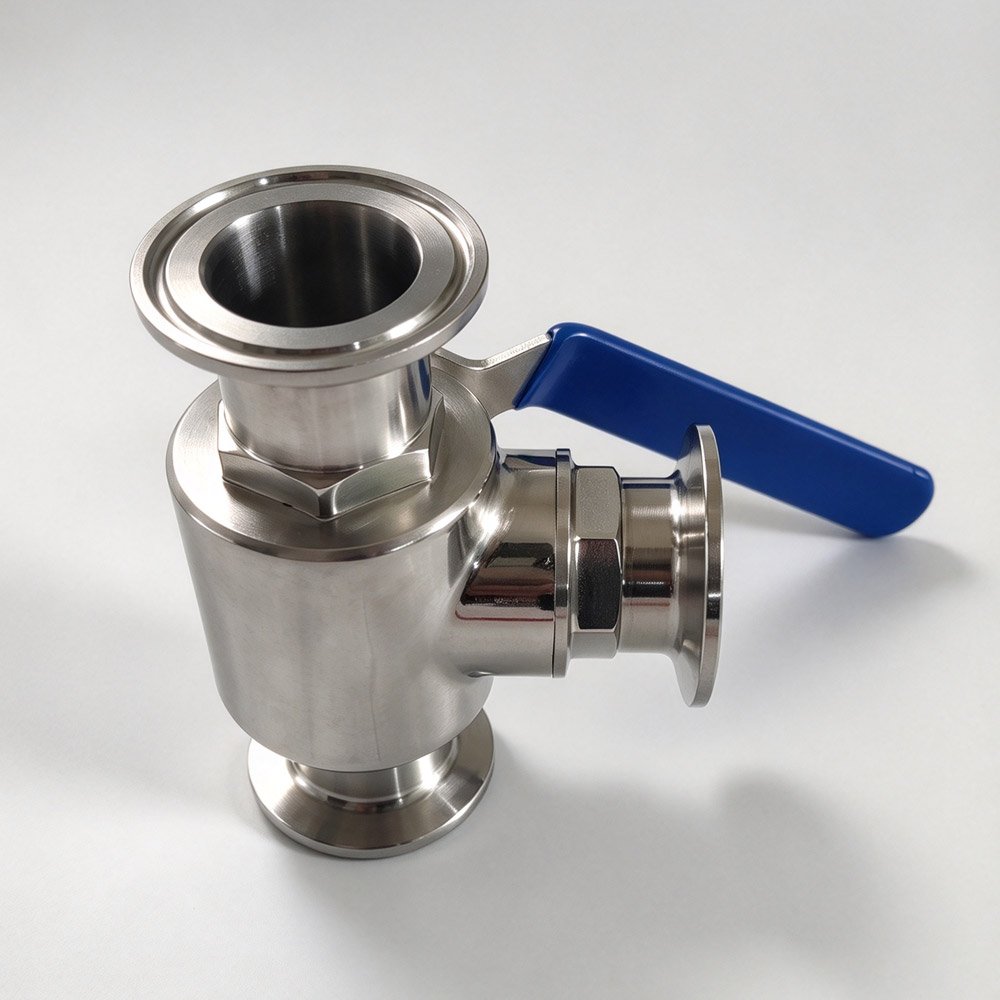 Top view of a sanitary T-port 3-way ball valve showing the valve port arrangement