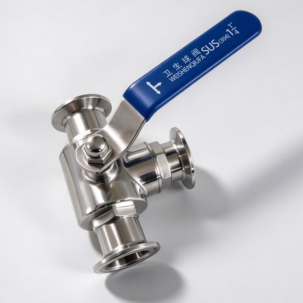 Haoqintech 304 stainless steel sanitary 3-way ball valve with blue handle and Tri-Clamp connections