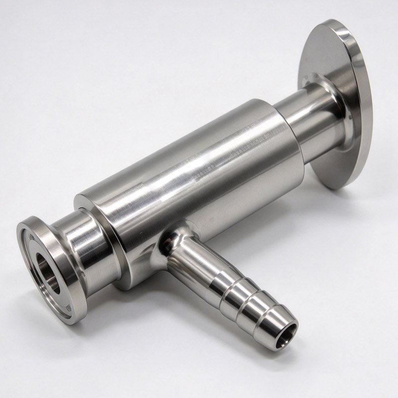 Stainless steel sanitary sampling valve with Tri-Clamp ends and hose barb connection