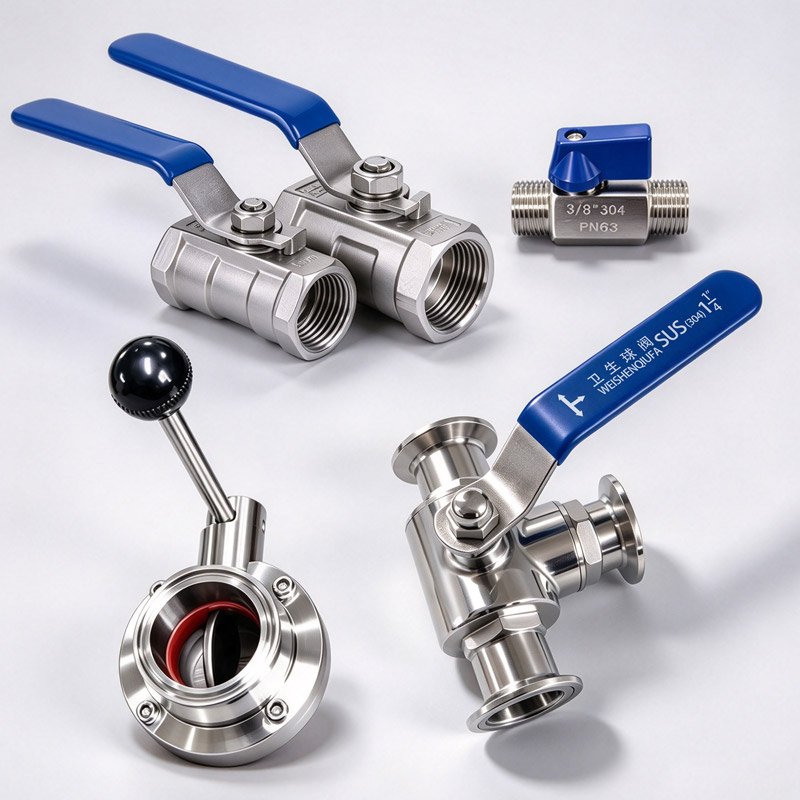 304 stainless steel sanitary ball valves with blue lever handles, mini ball valve, tri-clamp ball valve and butterfly valve