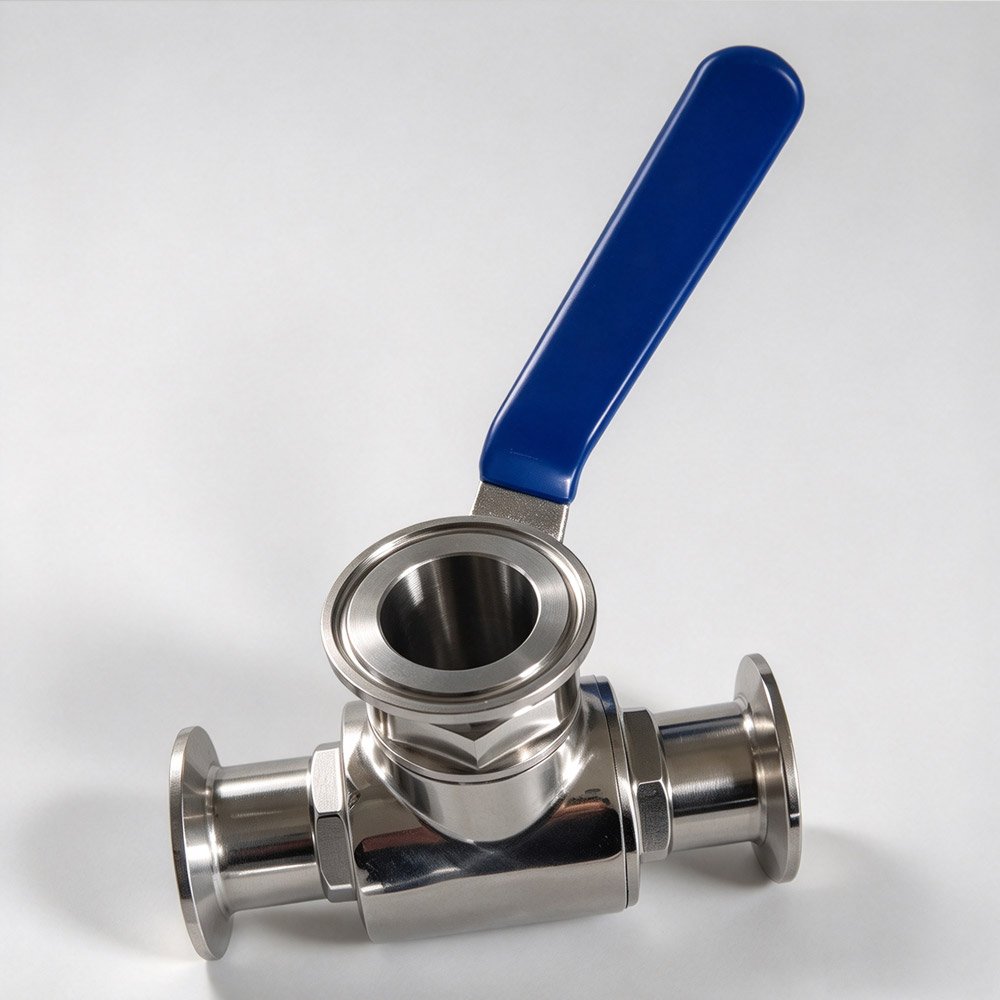 Sanitary stainless steel 3-way ball valve with Tri-Clamp connection ends, angled view