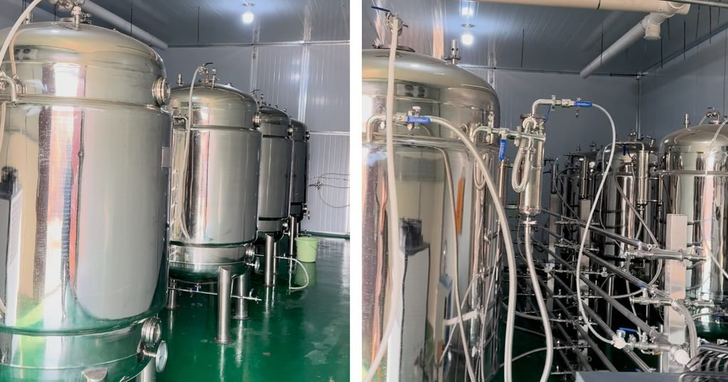 Large polished stainless steel bioreactor tanks with sanitary piping in a clean workshop