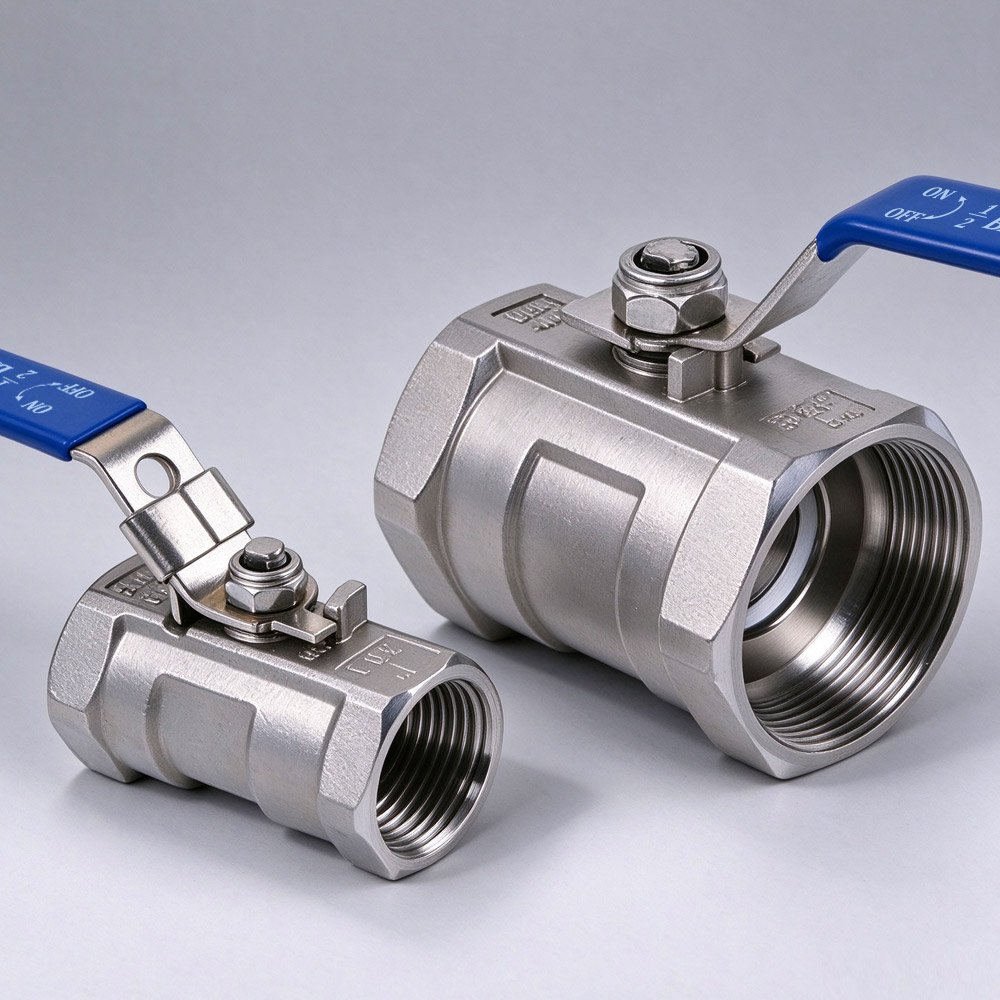 Two stainless steel one-piece ball valves side by side showing size difference, blue handles, female NPT threads
