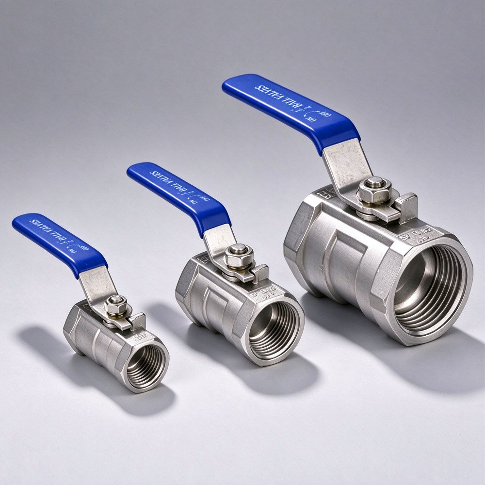 Three one-piece stainless steel ball valves in different sizes from small to large, blue handles, female threaded ports